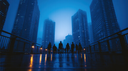 Silhouetted figures walk across a wet bridge at night in a moody cityscape.