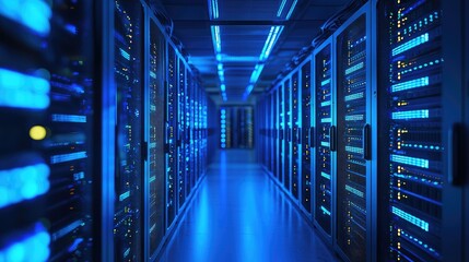 High-tech data center corridor lined with glowing blue server racks under cool lighting, perfect for cloud service ads, IT infrastructure visuals, or cybersecurity marketing