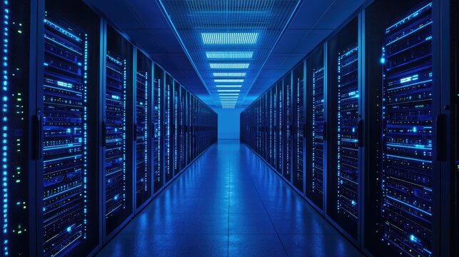 Large modern data center with glowing blue server racks and overhead lights, ideal for cloud computing, IT infrastructure, cybersecurity visuals, or technology industry marketing