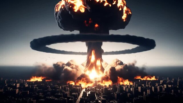 Atomic bomb explosion over cityscape