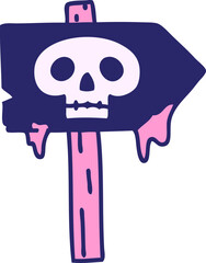 cartoon of a spooky halloween sign post with skull in bright neon color