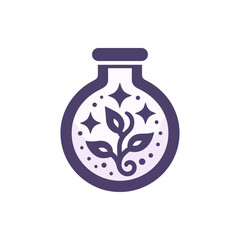 A mystical potion bottle with sparkling elements and plant motifs, set against a simple background