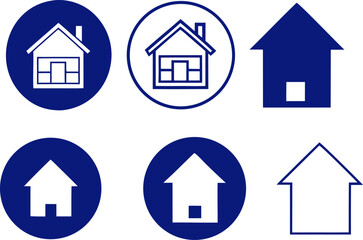 Fototapeta premium A collection of six stylized blue house icons on a white background, featuring variations in design and containment within circles, representing home and real estate concepts.