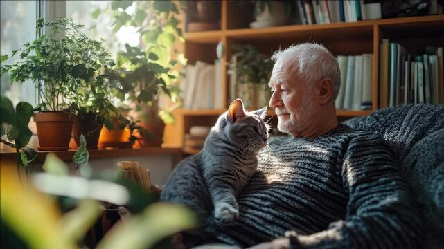 An elderly man in a cozy indoor setting, sitting on a couch and enjoying the company of his cat. The warm sunlight illuminates the scene, creating an atmosphere of contentment and affection.