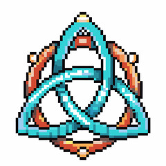 Fototapeta premium Pixel art triquetra symbol with intertwined blue, orange lines celtic knot design, geometric shape, retro digital illustration