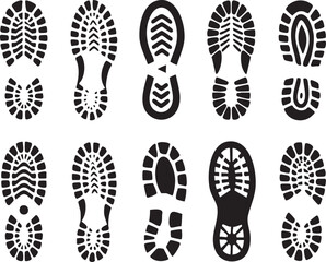 Black Shoe Print Silhouettes On White Background Footprint Pattern Collection Footwear Tread Designs For Graphics And Illustrations