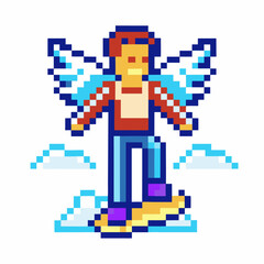 Obraz premium Pixel art flying character with angel wings, floating on clouds in retro 8 bit style, fantasy adventure gaming design