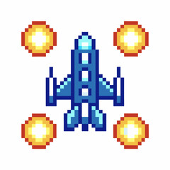 Fototapeta premium Pixel art spaceship shooting retro arcade video game blue rocket with fire blasts, isolated white background, 8 bit