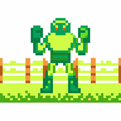 Pixel art green robot standing in grassy field with wooden fence, retro video game character for digital design