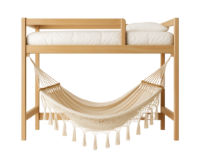 Loft bed with a hammock underneath, creating a relaxing retreat in a bohemian-styled apartment.