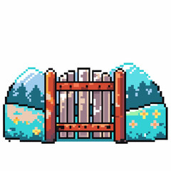 Wooden gate in pixel art with scenic landscape, mountain, field, flowers, and clear blue sky background illustration