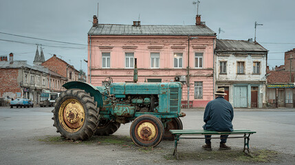 Obraz premium Man on bench in front of an old tractor, a scene of rural life in a quaint town.