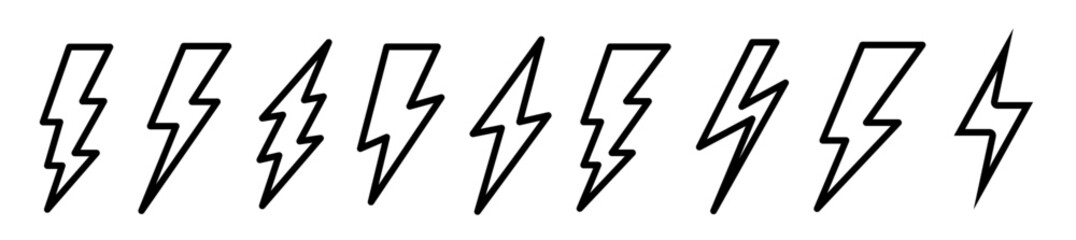 Lightning bolt icons set, black outline of flash lightning bolt icon vector illustration. Energy, power symbol.