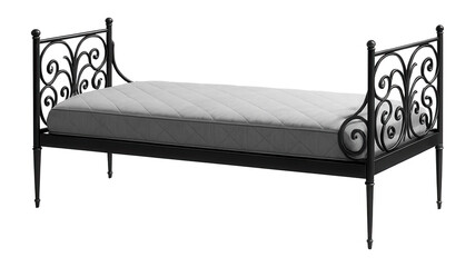 Metal-framed daybed with ornate side rails for a guest room.