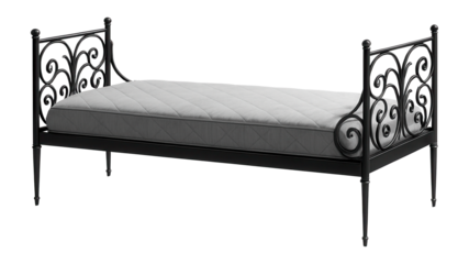Metal-framed daybed with ornate side rails for a guest room.