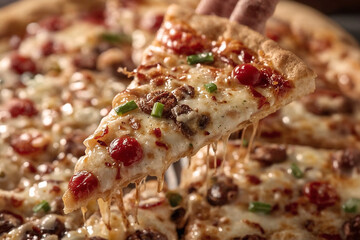 A slice of cheesy pizza being lifted, showcasing melted mozzarella, tomatoes, sausage, and green onions. Delicious close-up of a classic comfort food on a warm, inviting pizza pie.