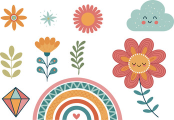 Boho Style Cute Elements for Kids Featuring Flowers Rainbow Cloud Starburst Gemstone and Foliage in Warm Pastel Colors