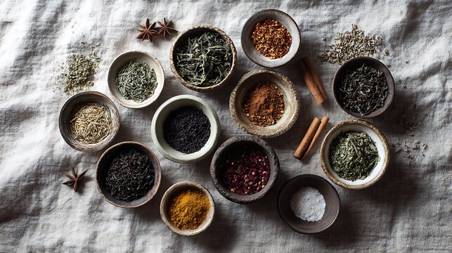 A selection of organic herbal teas and spices arranged on a textured linen cloth with overhead lighting, real photo, stock photography