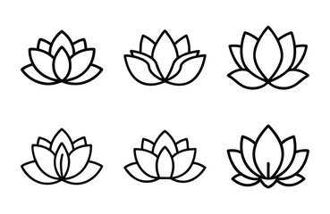 Bundle of Lotus Flower Icons in Silhouette Style on White Background – Elegant Minimal Floral Vector Set for Logos, Meditation, Crafts, Yoga, and Digital Design


