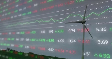 On start, wind turbine blades rotating while data scrolling and line representing market growth - Powered by Adobe