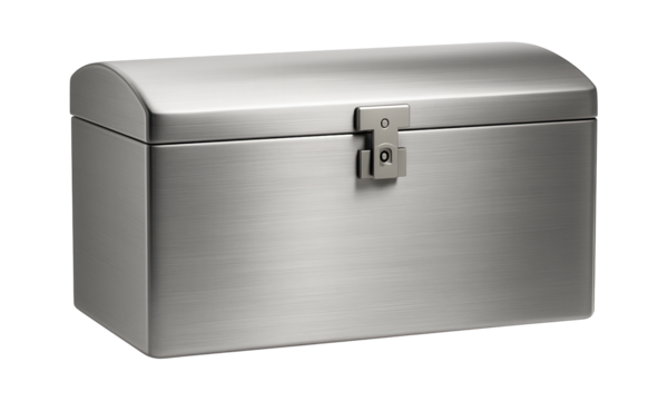 A sleek, modern metal toy chest with a lockable lid, suitable for keeping toys secure in a shared space.