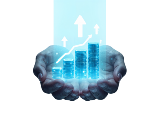 Hands presenting a digital graph and coin stacks symbolizing financial growth and investment with