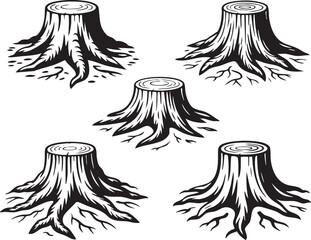 Set Of Tree Stumps Illustration With Roots Isolated On White Background Woodland Natural Element For Design Projects And Forestry Concepts