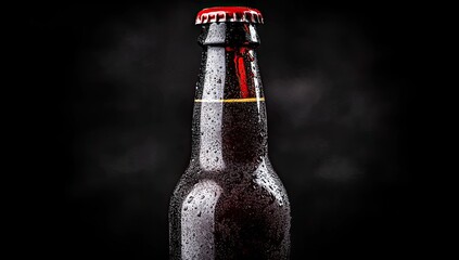Close-up of a cold dark beer bottle, showing condensation droplets