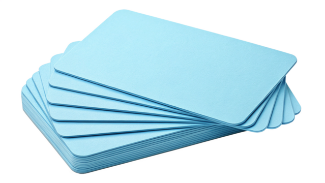 Stack of blue plastic cards for id badges or membership cards in a pile for organization storage