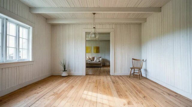 Bright empty room with wooden floor, window, chair, interior and white walls.