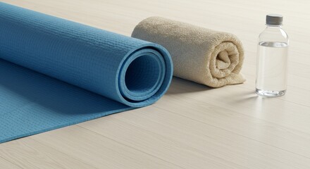 Yoga mat, towels, and water bottle on light wooden floor, evoking relaxation, wellness, and outdoor or indoor exercise environment