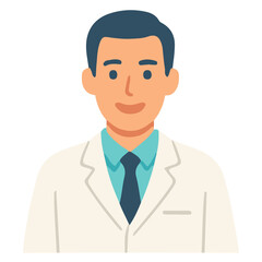 Smiling cartoon doctor wearing a suit and stethoscope in a professional setting