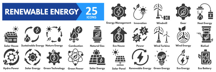 Renewable Energy icon set. with icons of solar panel, renewable, green, eco energy, eco battery, energy management, innovation, windmill, gear, heat, solar house, sustainable 