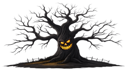 Halloween scary tree spooky monster face creepy forest horror night graveyard haunted illustration