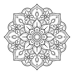 Circular pattern in form of mandala with flower for Henna, Mehndi, tattoo, decoration. Decorative ornament in ethnic oriental style. Outline doodle hand draw vector illustration.