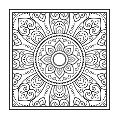 Decorative pattern of flowers and paisley for printing on fabric. Ornament for a bandana, a silk neckerchief, a tablecloth or a kerchief. Square sketch in tribal or oriental style.