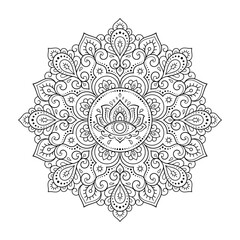 Circular pattern in form of mandala with flower for Henna, Mehndi, tattoo, decoration. Decorative ornament in ethnic oriental style. Outline doodle hand draw vector illustration.
