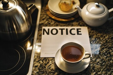 Notice of rent increase concept. A tea cup beside a notice sign on a kitchen countertop.