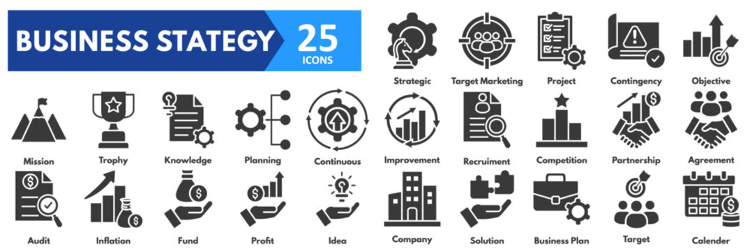 Business Strategy icon set. with icons of strategic, target marketing, project, contingency, objective, mission, trophy, knowledge, planning, continuous, improvement, recruitment,competition, partner 