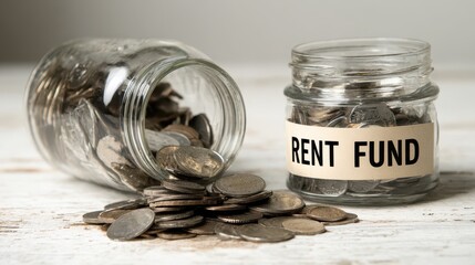 Notice of rent increase concept. A jar labeled "Rent Fund" with coins spilled around on a wooden surface.