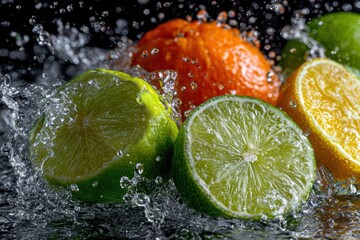 A vibrant group of limes and oranges are seen splashing into clear water, creating a refreshing and colorful display.