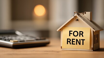 Notice of rent increase concept. Miniature house with "For Rent" sign next to a calculator on a wooden surface.
