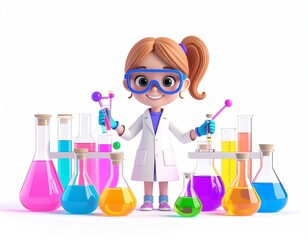Scientist working in laboratory, 3D cartoon girl with a science project, wearing lab goggles and a big smile
