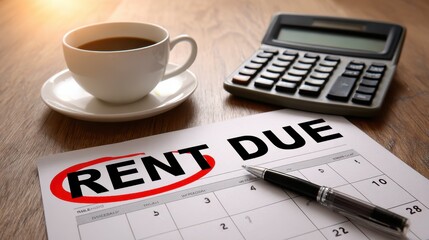 Notice of rent increase concept. Coffee and calculator next to a rent due notice on a wooden table.