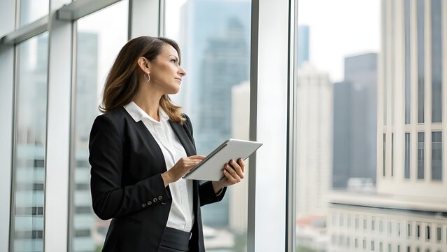 Businesswoman contemplates future, holding tablet, overlooking cityscape.