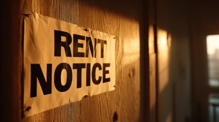 Notice of rent increase concept. Rent notice on a wooden wall, illuminated by soft sunlight.