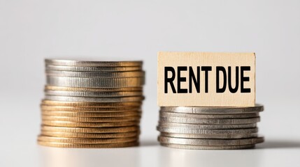 Notice of rent increase concept. Stacks of coins with a sign showing "RENT DUE" indicating financial obligation.