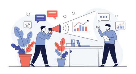Two people communicating marketing data and business growth strategies with visual analytics and digital devices in an office environment illustrating successful corporate planning