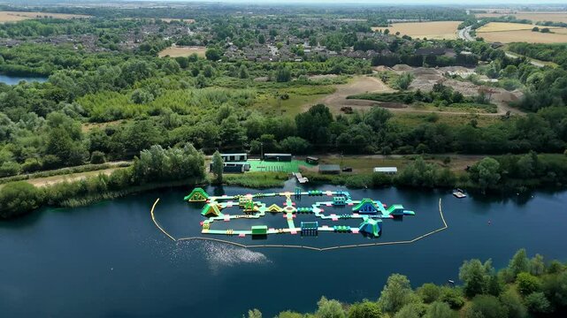 Aerial close up drone shot beautiful blue lakes and lush greenery with inflatable aqua water park play event near Little Paxton England UK