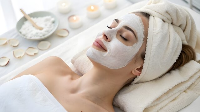 Woman relaxes with a facial mask and towel wrap in a spa setting, surrounded by candles and rose petals.